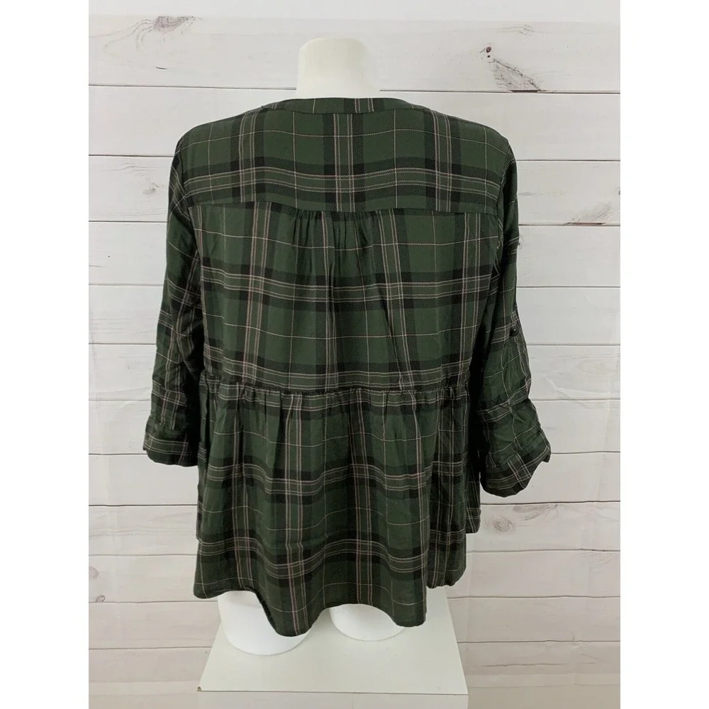 Torrid Womens 3/4 Sleeve Roll Tab Army Green Plaid Button Down Top Shirt Plus 00 - Picture 7 of 8